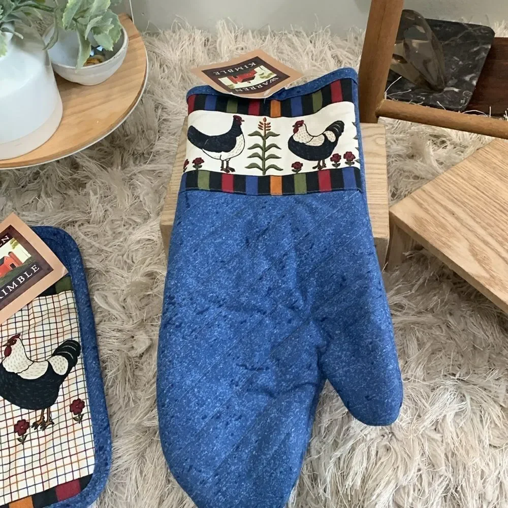 Vintage‎ Warren Kimble Folk Art Style Hen & Rooster Oven Mitt & Hot Pad